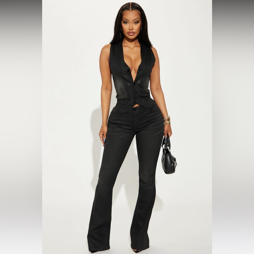 Low Rise Coated Bootcut Jeans- Black